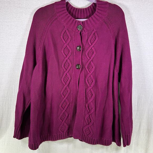 Lands' End Sweaters - Lands' End Cardigan Womens 3X Chunky Cable Knit Pink 100% Cotton 3 Button